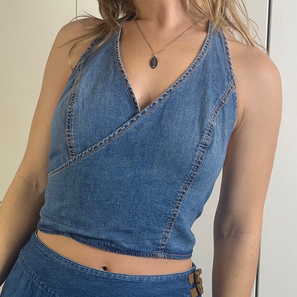Zara denim wrap halter top